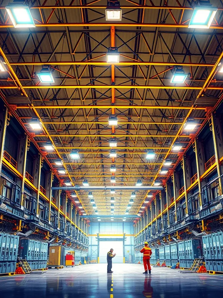 A large warehouse with high-bay lighting and complex electrical panels, demonstrating Camel Industries' capability to handle large-scale commercial projects.