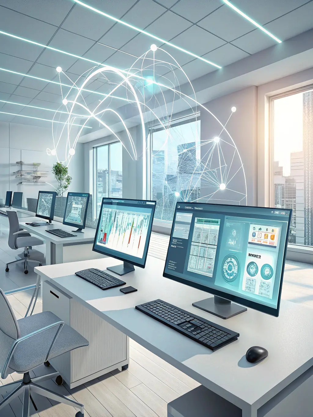 A brightly lit modern office space with visible electrical wiring and fixtures, showcasing a clean and efficient electrical setup installed by Camel Industries.